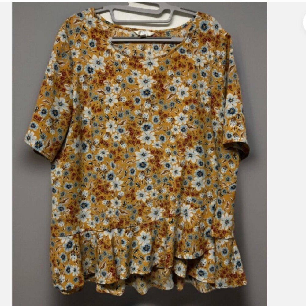 TIME & TRU Womans Top Yellow Cottagecore Floral Layered Ruffle Hem XL 16/18